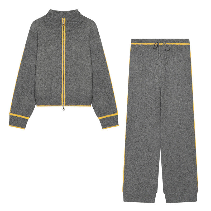 Damen Zweiteiliges Strick-Loungewear-Set mit kurzem Reißverschluss-Cardigan und hoher Bund-Palazzo-Hose Drune
