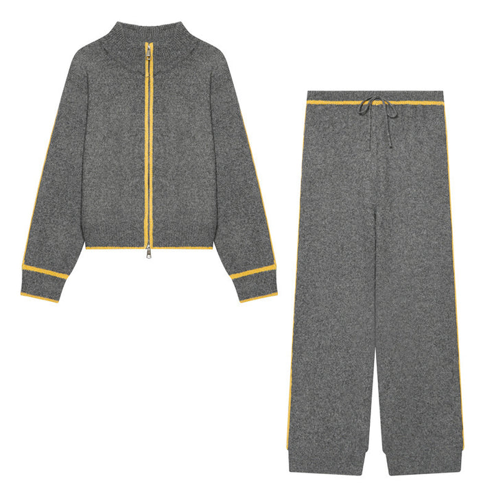 Damen Zweiteiliges Strick-Loungewear-Set mit kurzem Reißverschluss-Cardigan und hoher Bund-Palazzo-Hose Drune