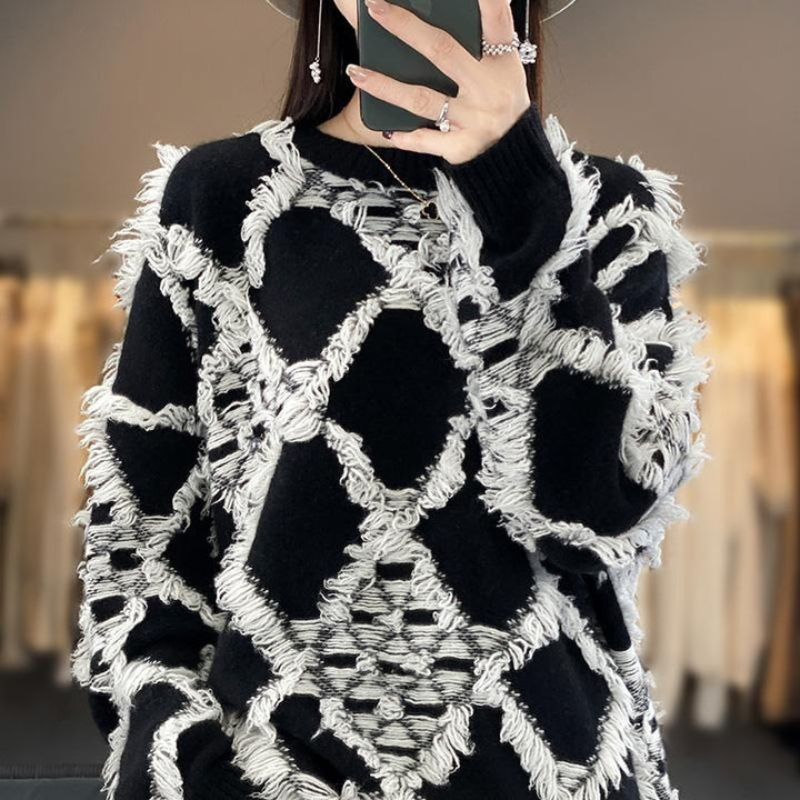 Damen Oversize-Strickpullover mit Fransen‑Diamantmuster und weicher Mohair‑Optik Drune