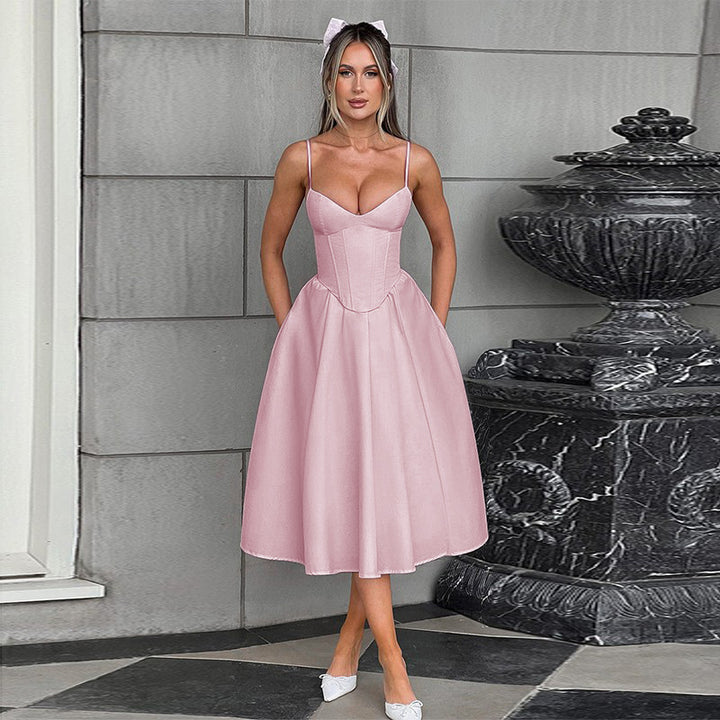 Damen Midi Kleid mit figurbetonter Corsage und schwingendem Rock Drune