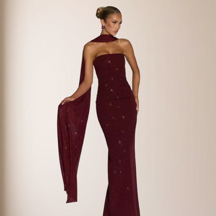 Damen elegantes Abendkleid mit schimmernden Pailletten und schulterfreiem Design Drune
