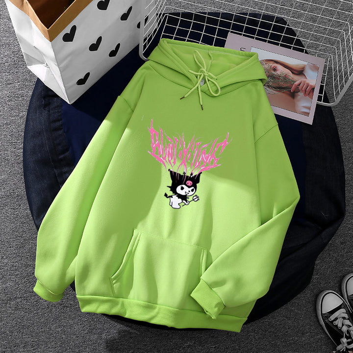 Damen nan lockeres Kapuzensweatshirt aus angerautem Fleece mit Kängurutasche und kawaii-Charakter-Print Drune