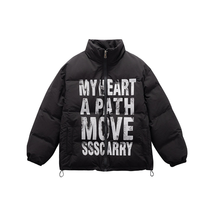 Unisex Oversize Steppjacke mit hohem Stehkragen und Statement-Print Drune