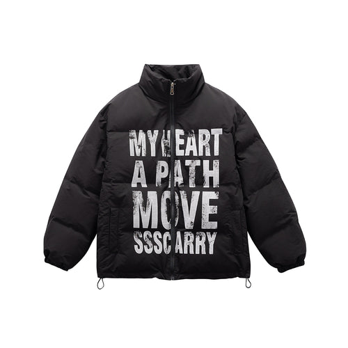 Unisex Oversize Steppjacke mit hohem Stehkragen und Statement-Print Drune