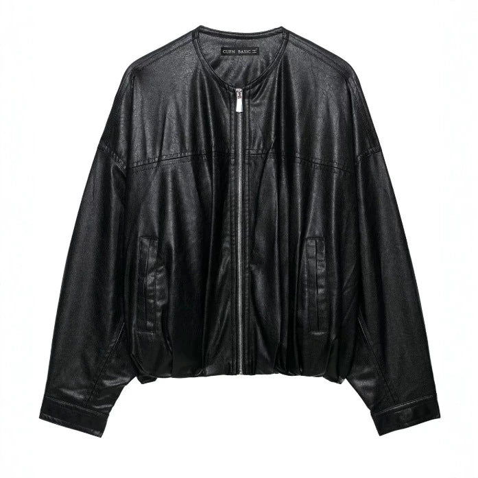Damen Oversize Cropped Kunstleder‑Bomberjacke mit Rundhalsausschnitt und elastischem Saum Drune