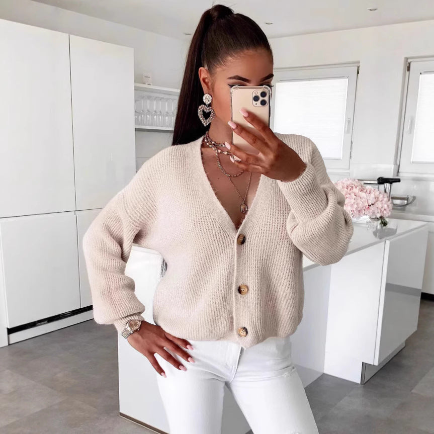 Damen kuschelige Strickjacke mit großen Knöpfen und lockeren Ärmeln Drune