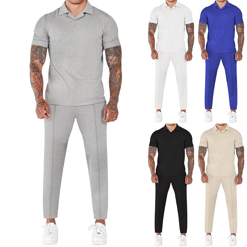 Herren elegantes Kurzarm-Hemd- und Hose-Set mit strukturiertem Design und komfortabler Passform Drune