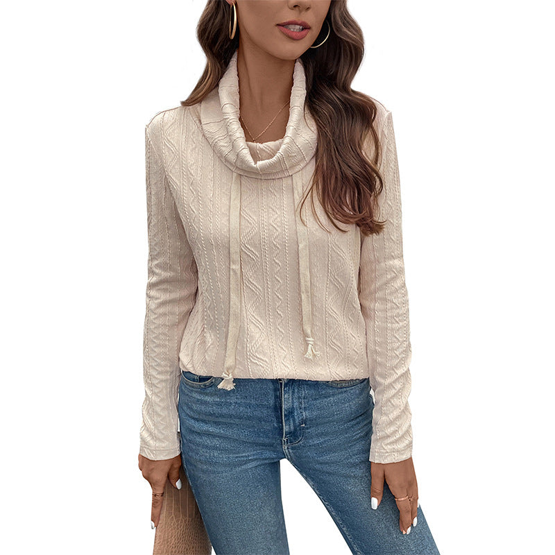 Damen Feinstrick-Cowlneck-Pullover mit Kordelzug und Zopfstrick-Detail Drune