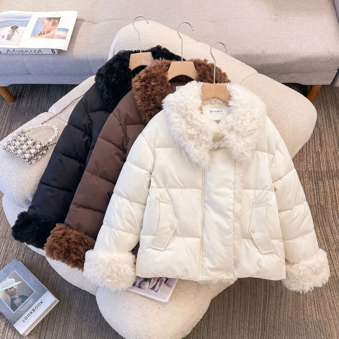 Damen nan wattierte Kurzjacke mit voluminösem Kunstfellkragen und Bommelbändern Drune