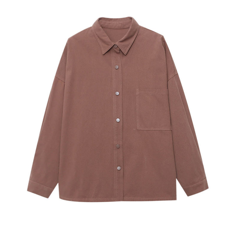 Damen lässige Overshirtjacke mit praktischer Brusttasche und Druckknöpfen Drune