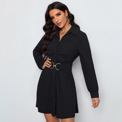 Damen Hemdblusen‑Minikleid mit Taillengürtel und dekorativem Metallring Drune