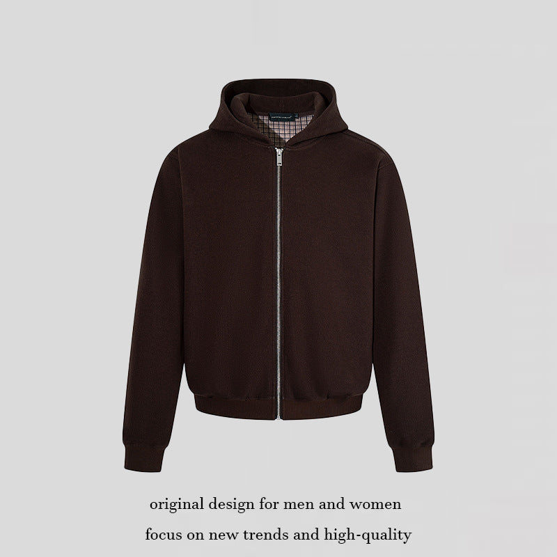 Herren Kapuzen‑Sweatjacke mit karierter Kapuzenfütterung, Metallreißverschluss und geripptem Saum Drune
