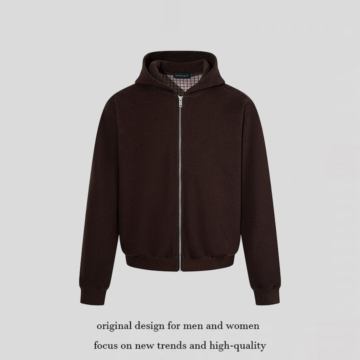 Herren Kapuzen‑Sweatjacke mit karierter Kapuzenfütterung, Metallreißverschluss und geripptem Saum Drune