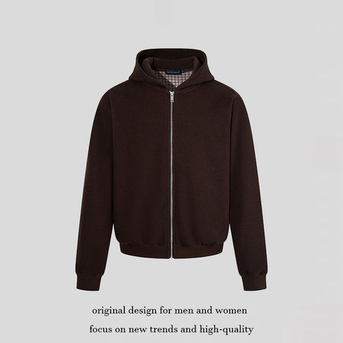 Herren Kapuzen‑Sweatjacke mit karierter Kapuzenfütterung, Metallreißverschluss und geripptem Saum Drune