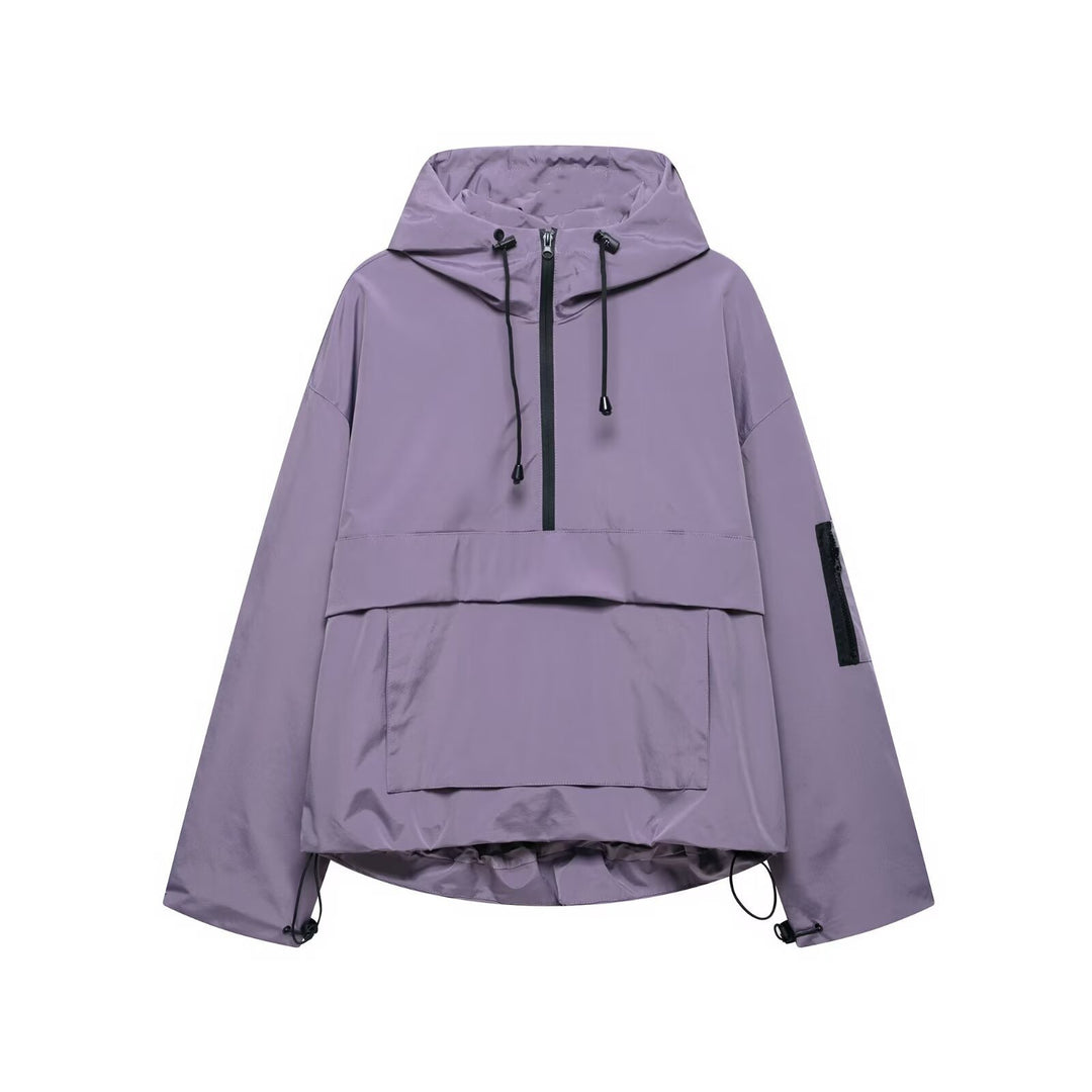 Unisex nan technischer Windbreaker Anorak mit halbhohem Reißverschluss Kapuze und Kängurutasche Drune