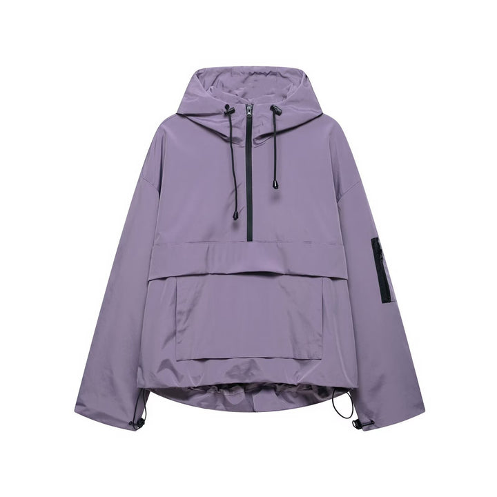 Unisex nan technischer Windbreaker Anorak mit halbhohem Reißverschluss Kapuze und Kängurutasche Drune
