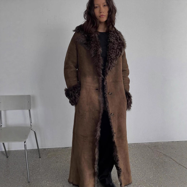 Damen Maxilanger Kunstvelours-Mantel im Shearling-Stil mit Schalkragen und Knopfleiste Drune