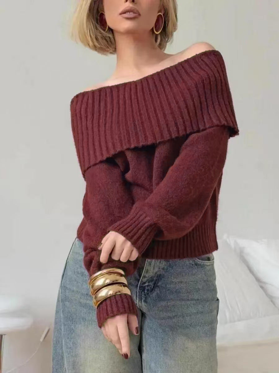 Damen eleganter Pullover mit weitem Rippkragen und weichem Material Drune
