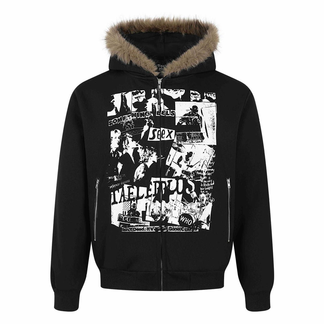 Damen Kapuzen‑Sweatjacke mit Kunstfellbesatz, Frontzip und Collage‑Print Drune