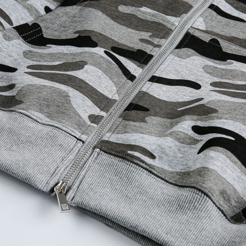 Unisex Kapuzenjacke mit Camouflage-Muster, durchgehendem Reißverschluss und Kängurutaschen Drune