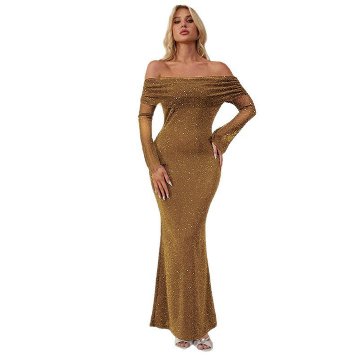 Damen Elegantes schulterfreies Maxikleid mit glitzernden Akzenten Drune
