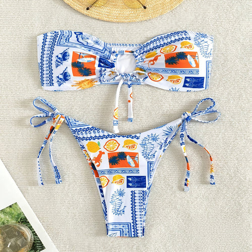 Damen Bandeau-Bikini mit verspieltem Muster und anpassbarem Bindesystem Drune