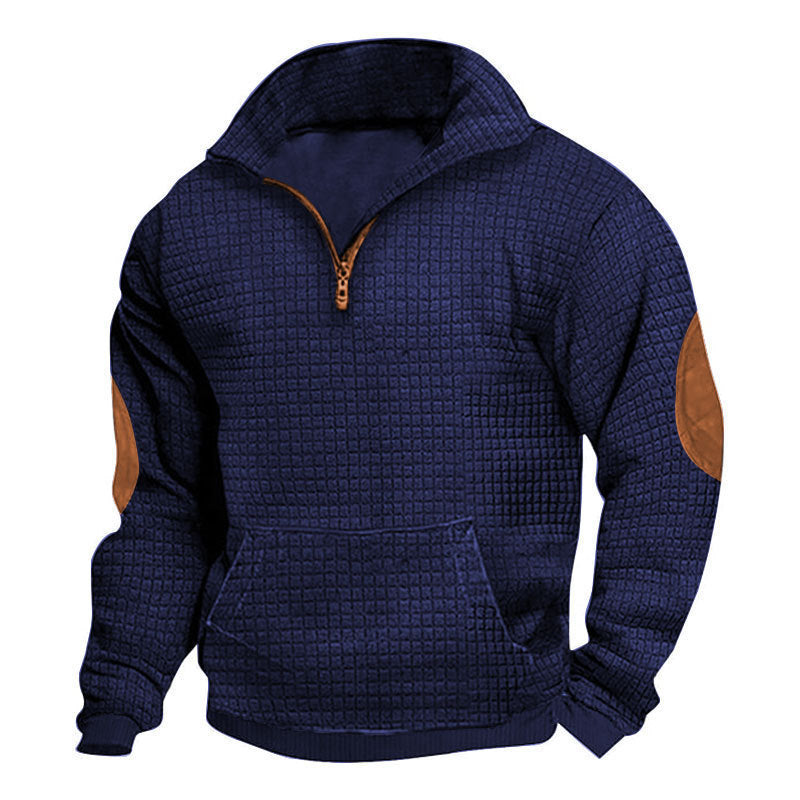 Herren nan strukturiertes Freizeit-Pullover mit kurzem Reißverschluss, Kängurutasche und Ellenbogen-Lederbesatz Drune