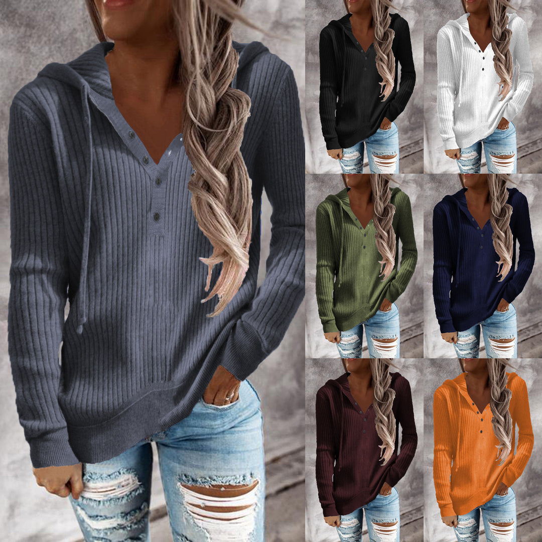 Damen Lässiger gerippter Hoodie-Pullover mit Henley-Knopfleiste und Tunnelzug Drune
