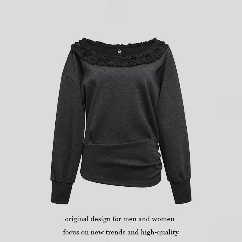 Damen Sweatshirt mit Carmen‑Ausschnitt, Spitzenrüsche und seitlicher Raffung Drune