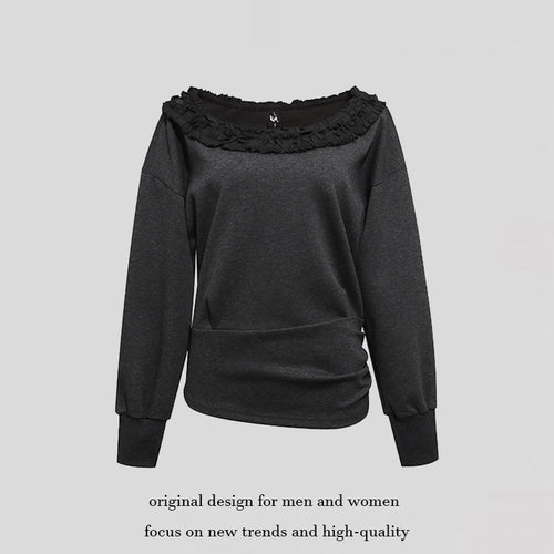Damen Sweatshirt mit Carmen‑Ausschnitt, Spitzenrüsche und seitlicher Raffung Drune