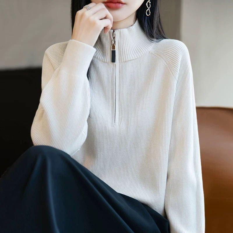 Damen modischer Pullover mit hohem Kragen und Reißverschluss Drune