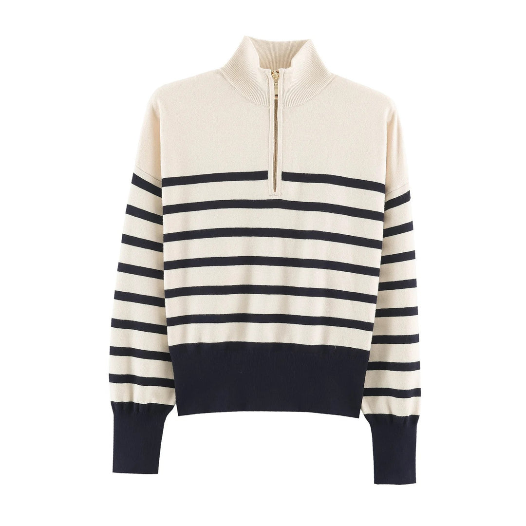 Damen Gestreifter Halbzip-Pullover mit Stehkragen und weitem Saum Drune