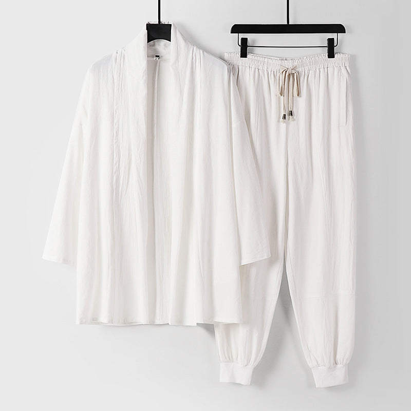 Unisex Luftiges Freizeit-Set im Kimono-Stil mit Schalkragenjacke und konisch zulaufender Joggerhose Drune