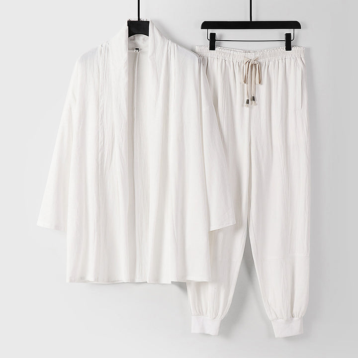 Unisex Luftiges Freizeit-Set im Kimono-Stil mit Schalkragenjacke und konisch zulaufender Joggerhose Drune