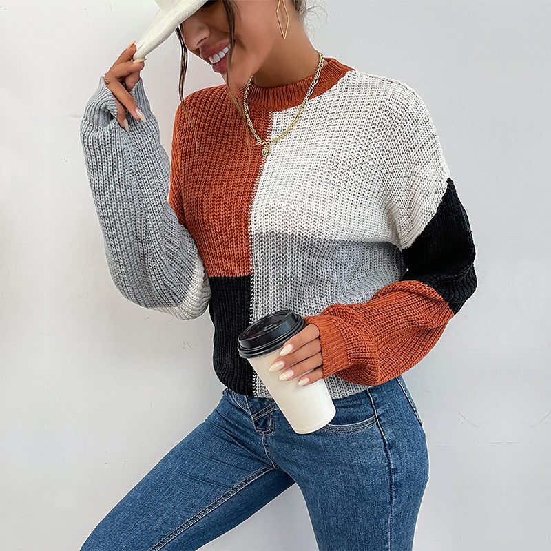 Damen Grobgestrickter Colorblock-Pullover Oversize mit Rundhals & Ballonärmeln Drune