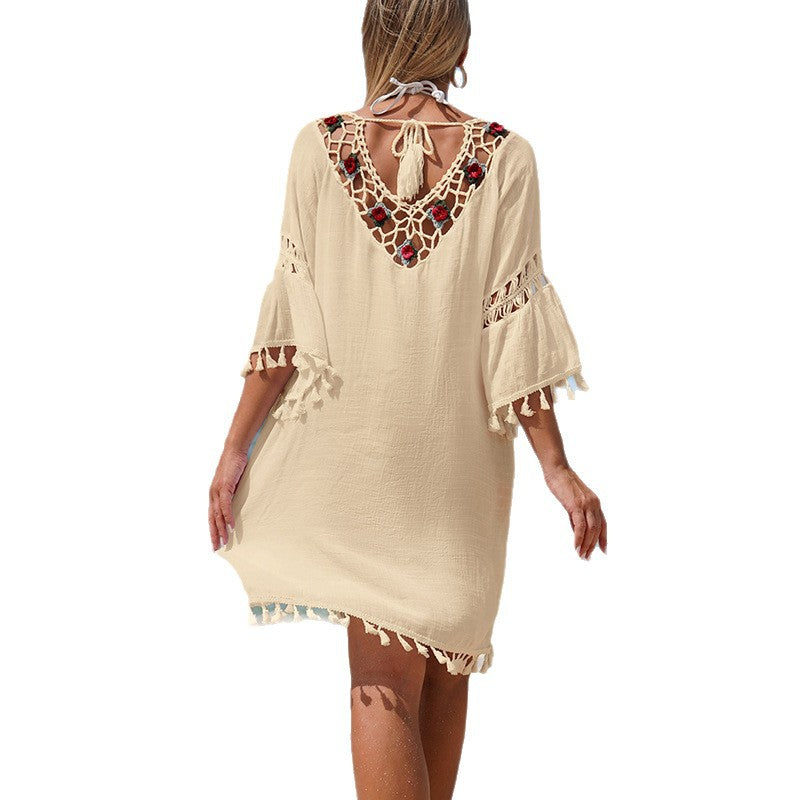 Damen Häkel-Strandkleid mit eleganter Stickerei und Fransen Drune