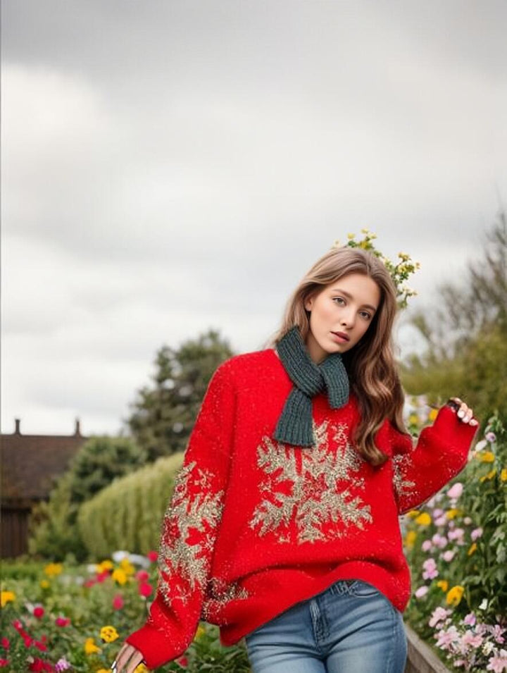 Damen Grobstrickpullover mit festlichem Schneeflockenmuster und weitem Schnitt Drune