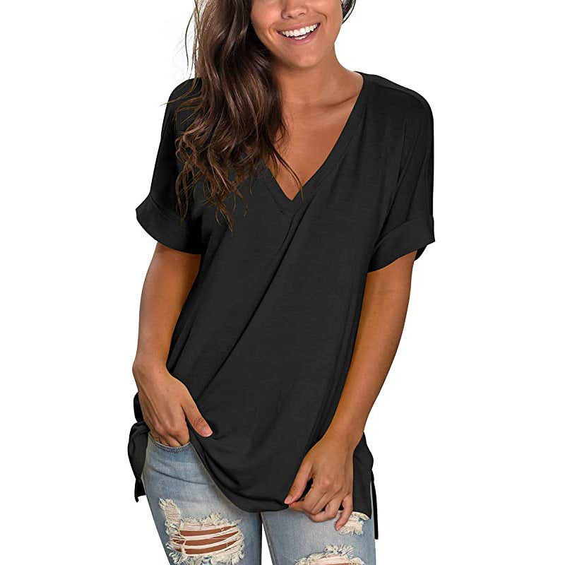 Damen V-Ausschnitt T-Shirt mit lässigem Schnitt und umgeschlagenen Ärmeln Drune