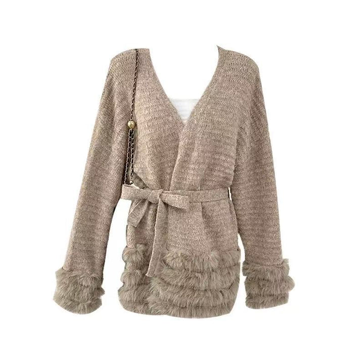 Damen Flauschiger Cardigan mit Kunstfellkragen Drune