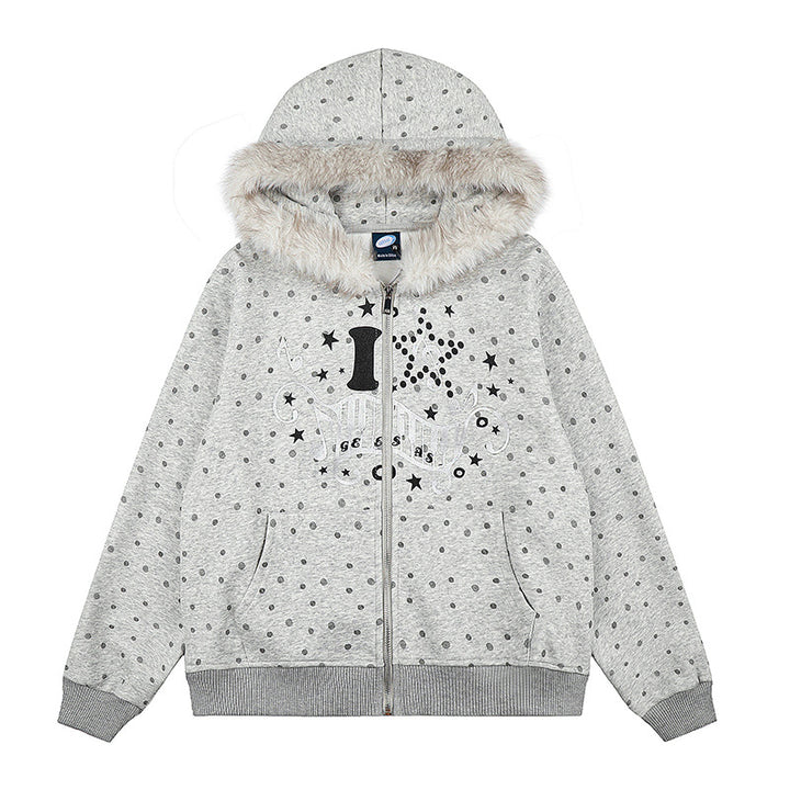 Damen Gepunktete Kapuzen-Sweatjacke mit Kunstfellbesatz, durchgehendem Reißverschluss und Kängurutaschen Drune