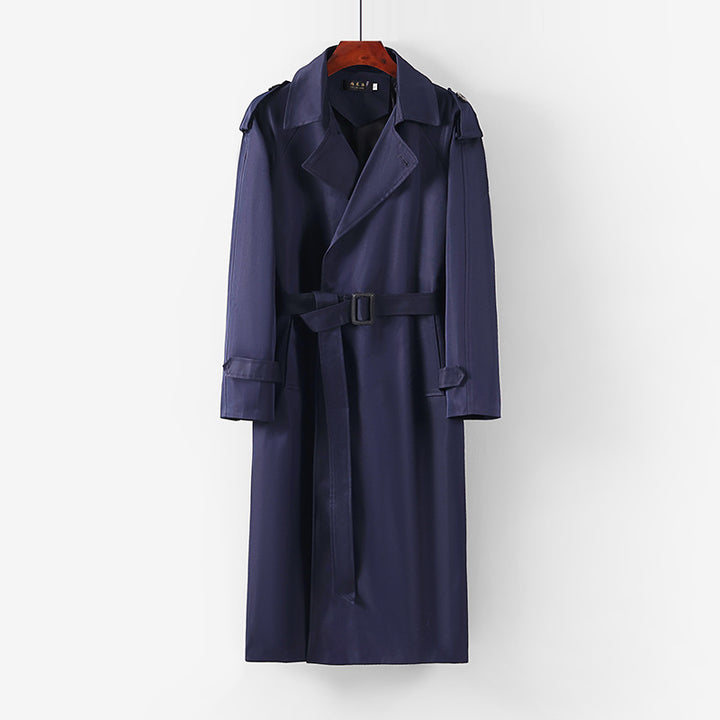Unisex Langer minimalistischer Trenchcoat mit Gürtel und Schulterklappen Drune
