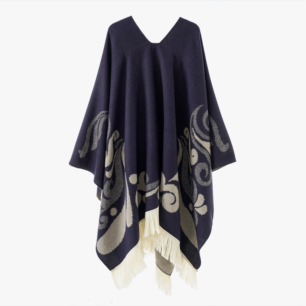Damen Wollmix-Poncho im Umhangstil mit V-Ausschnitt, kontrastierendem Ornament-Jacquard und Fransen Drune