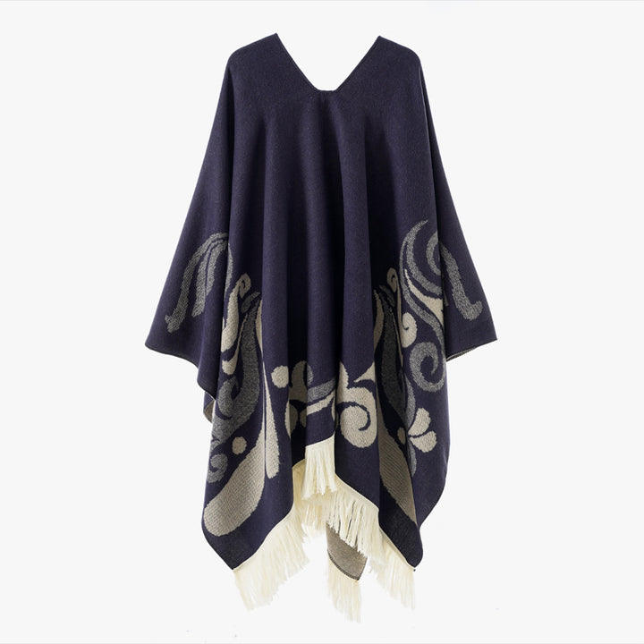 Damen Wollmix-Poncho im Umhangstil mit V-Ausschnitt, kontrastierendem Ornament-Jacquard und Fransen Drune