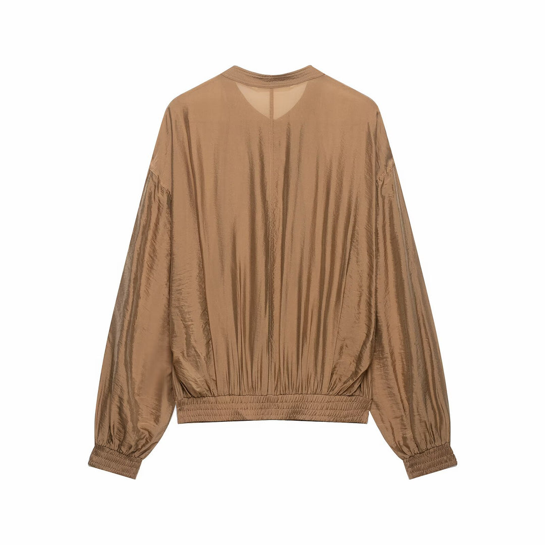 Damen Plissiertes Blouson-Top mit Rundhalsausschnitt, Ballonärmeln und gesmoktem Saum Drune