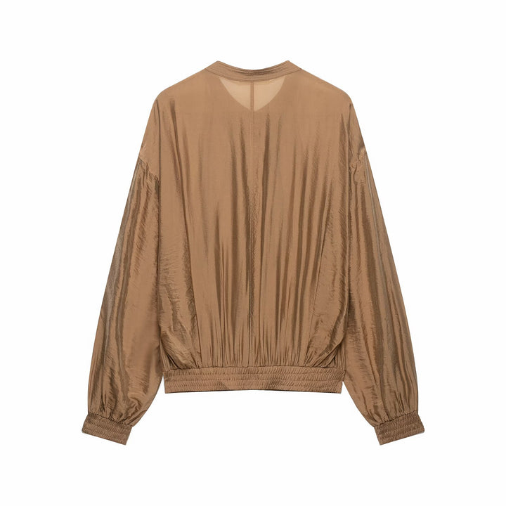 Damen Plissiertes Blouson-Top mit Rundhalsausschnitt, Ballonärmeln und gesmoktem Saum Drune