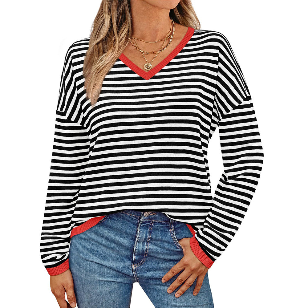 Damen lässiger Pullover mit niedrigem V-Ausschnitt und buntem Streifenmuster Drune