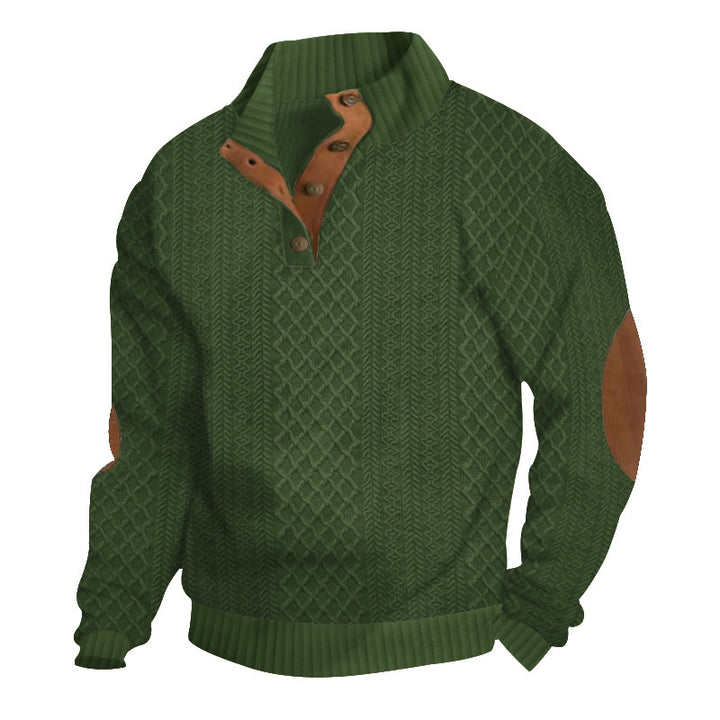 Herren nan grobstrickpullover mit Stehkragen, Knopfleiste und Ellbogenpatches Drune