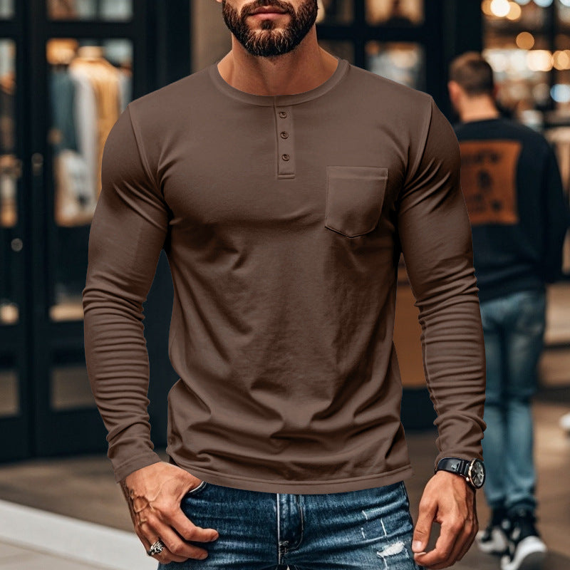Herren nan schlankes Langarm-Buttonshirt mit kurzer Knopfleiste und Brusttasche Drune