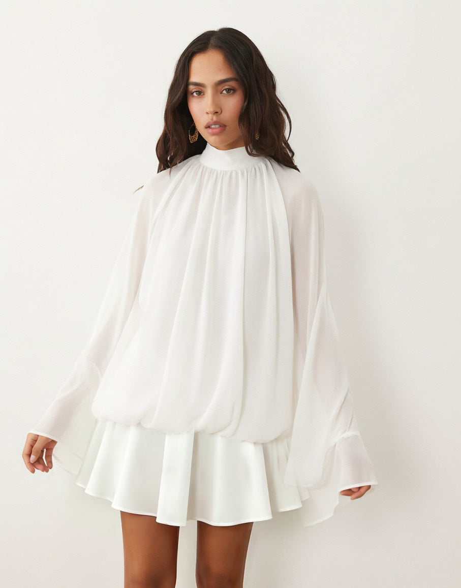 Damen Chiffon-Minikleid mit geraffter Blusentunika, Stehkragen und Volantrock Drune