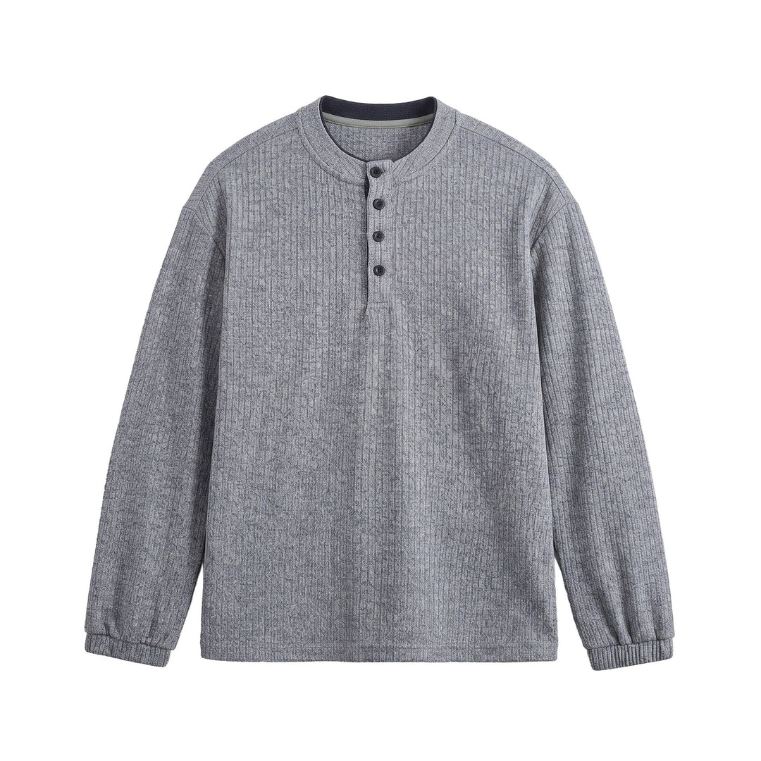 Herren Rippstruktur-Henley-Pullover mit Stehkragen und Knopfleiste Drune
